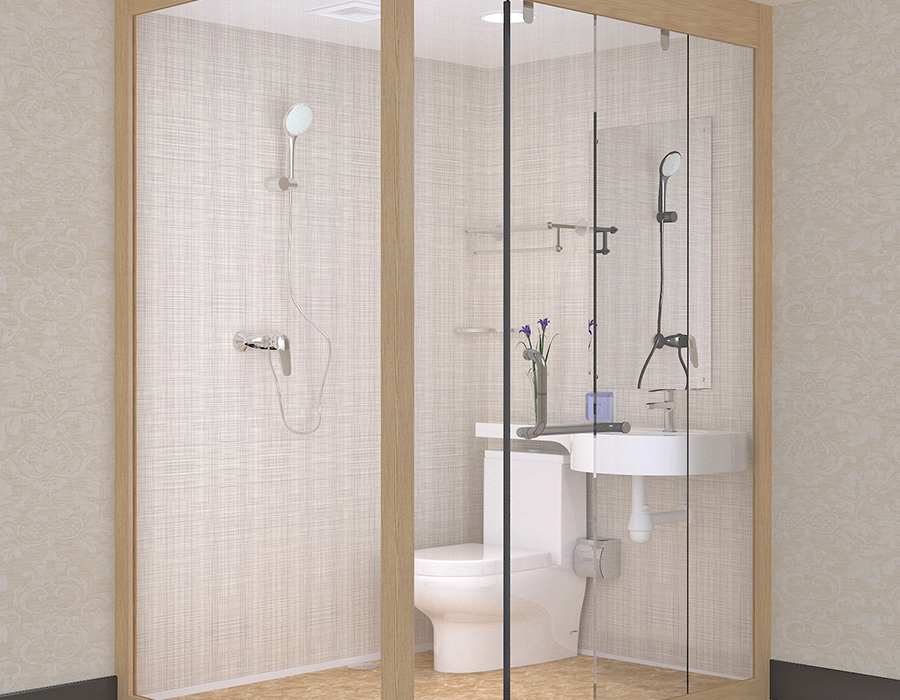 Hotel Modular Bathroom with PEC Resin Fibre Murus Interior Panels and Glass Muri Exteriores