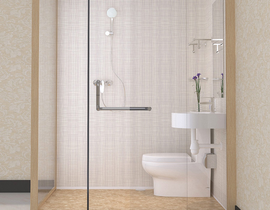 Hotel Modular Bathroom with PEC Resin Fibre Murus Interior Panels and Glass Muri Exteriores