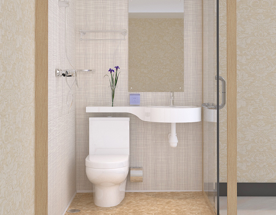 Hotel Modular Bathroom with PEC Resin Fibre Murus Interior Panels and Glass Muri Exteriores