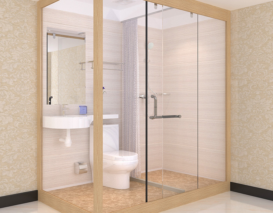 Hotel Modular Bathroom with PEC Resin Fibra Interior Panels and Glass Muri Exteriores