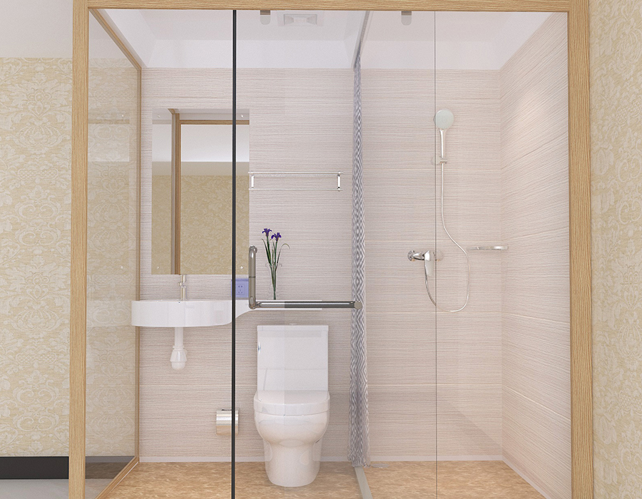 Hotel Modular Bathroom with PEC Resin Fibra Interior Panels and Glass Muri Exteriores