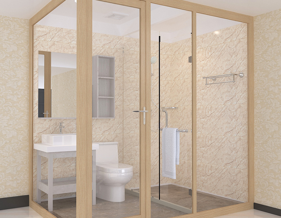 Dormitorium Integrated Bathroom Featuring PEC Resina Fibra Interior Panels et Vitri Muri Exterioris