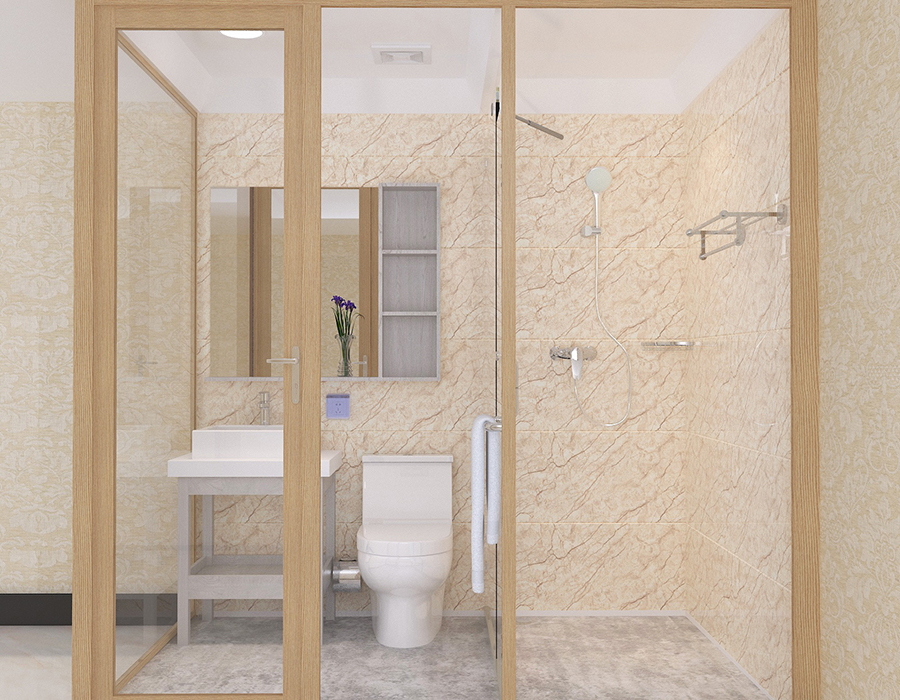 Dormitorium Integrated Bathroom Featuring PEC Resina Fibra Interior Panels et Vitri Muri Exterioris