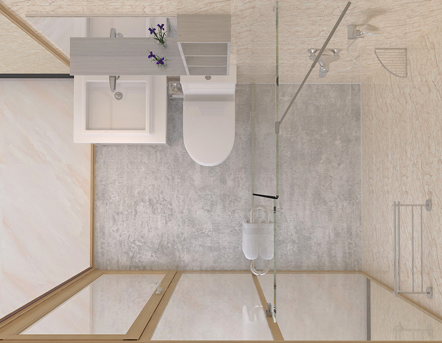 Dormitorium Integrated Bathroom Featuring PEC Resina Fibra Interior Panels et Vitri Muri Exterioris